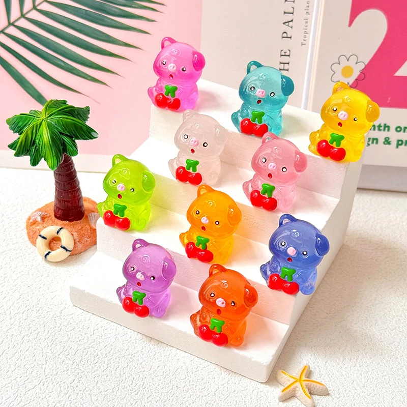 1PC Home Decoration Luminous Cherry Pig Miniature Figurines Pig Cake Toppers Mini Resin Figurines Toy DIY Crafts For Garden