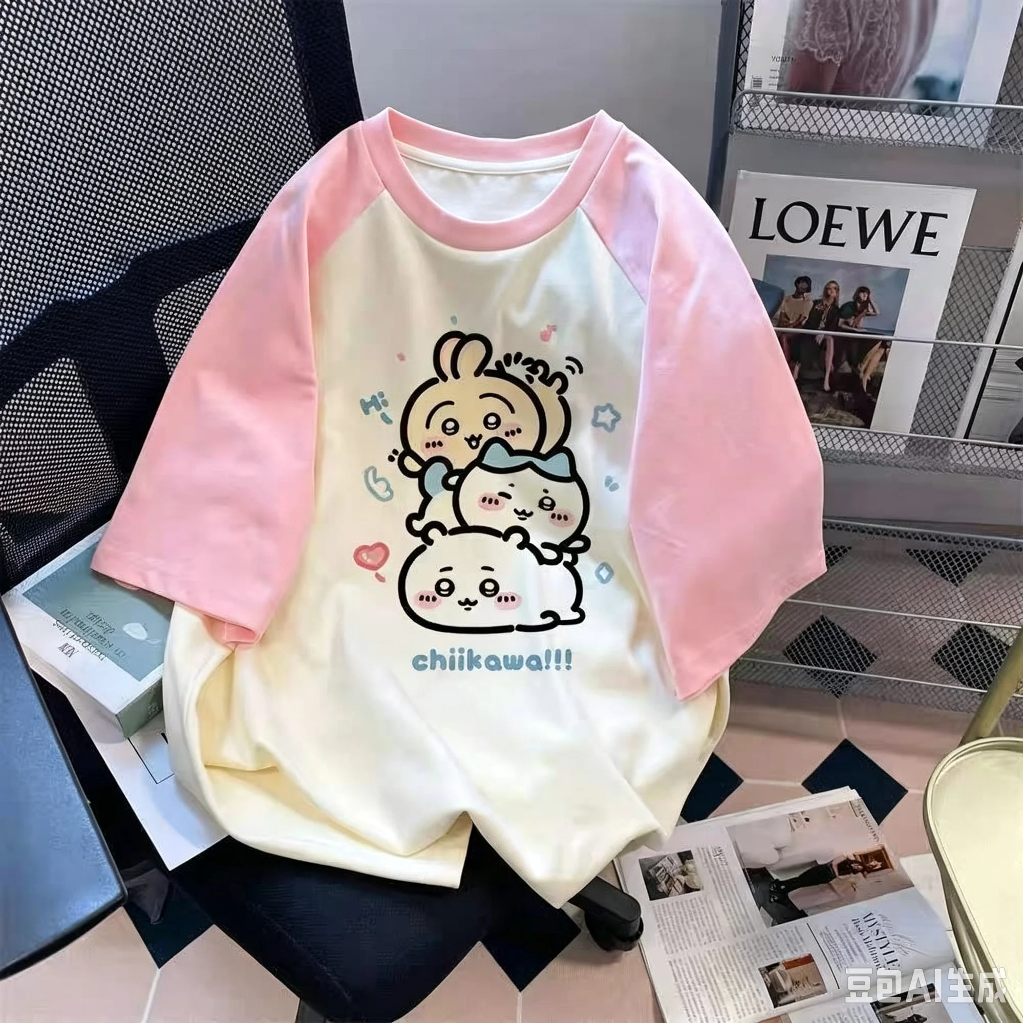 Chiikawa Cute Stacked Characters  Raglan T‑Shirt Black White Splice Short‑sleeve Tee Casual Unisex  Daily Tops Family Matching
