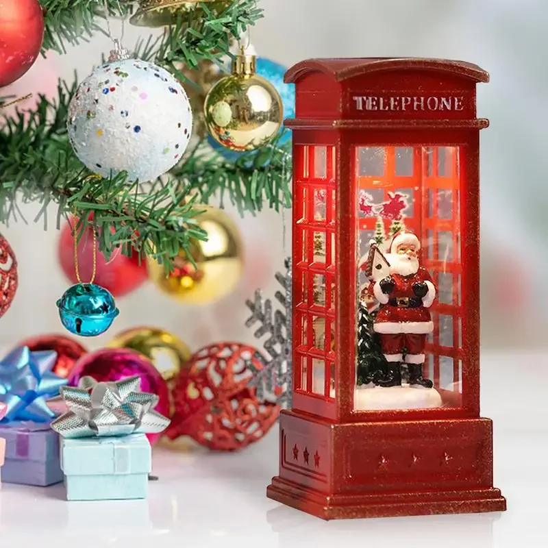 Christmas Red Vintage Luminous Phone Booth Lantern Christmas Tree Snowman Santa Claus Figurine in Telephone Booth Decoration