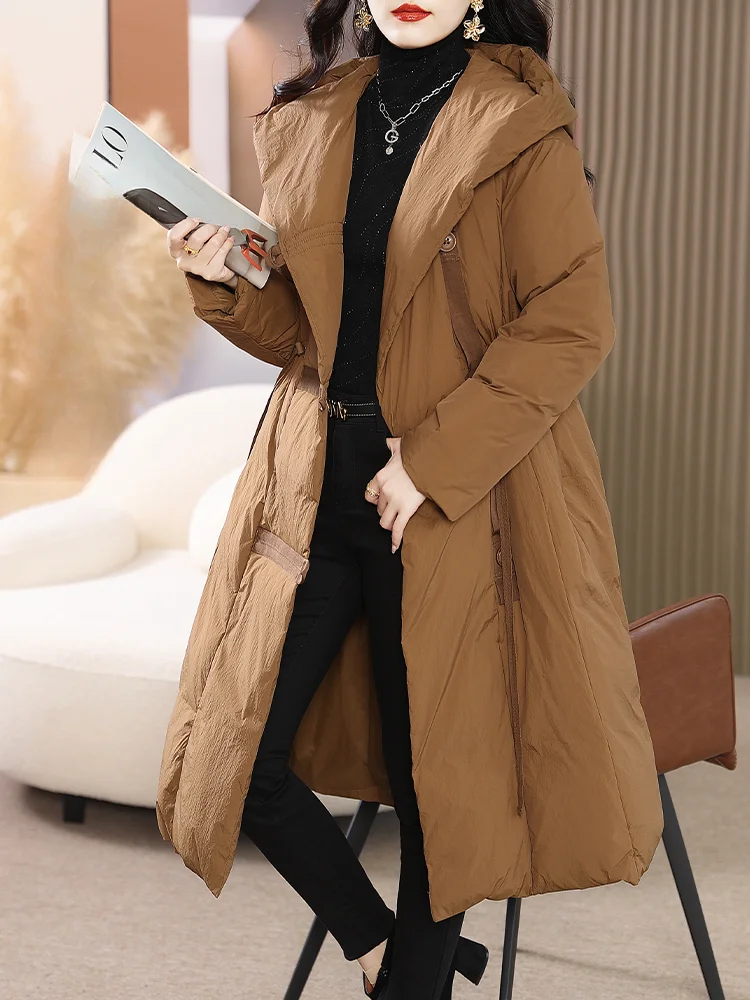 Chinese Style Thick Warm Long Down Coats for Women, White Duck Down Coats, Thin Waist Coat, Hooded Loose Jackets, Stylish Winter