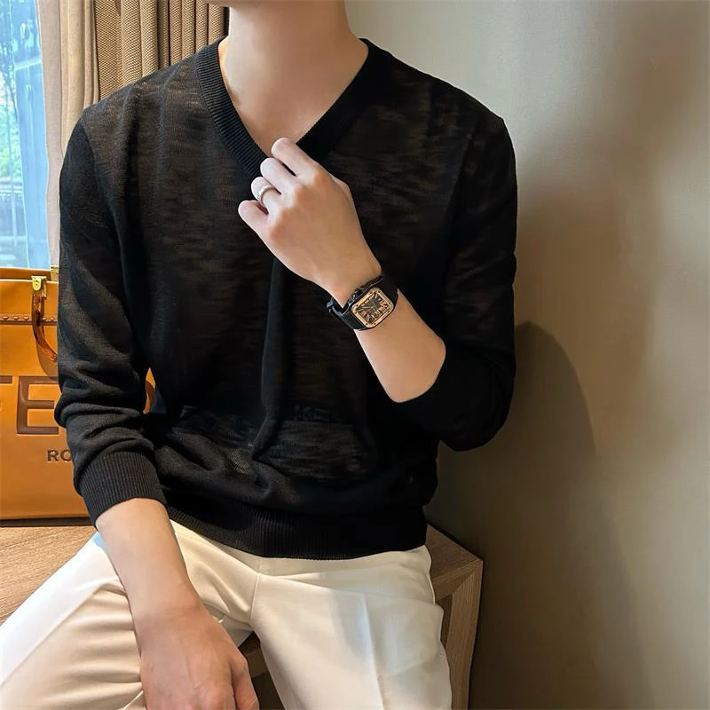 Korean Men V Neck Thin Breathable Knit Sweater Loose Lazy Pullover Solid Neutral Long Sleeve Basic Undershirt Trendy Casual Top