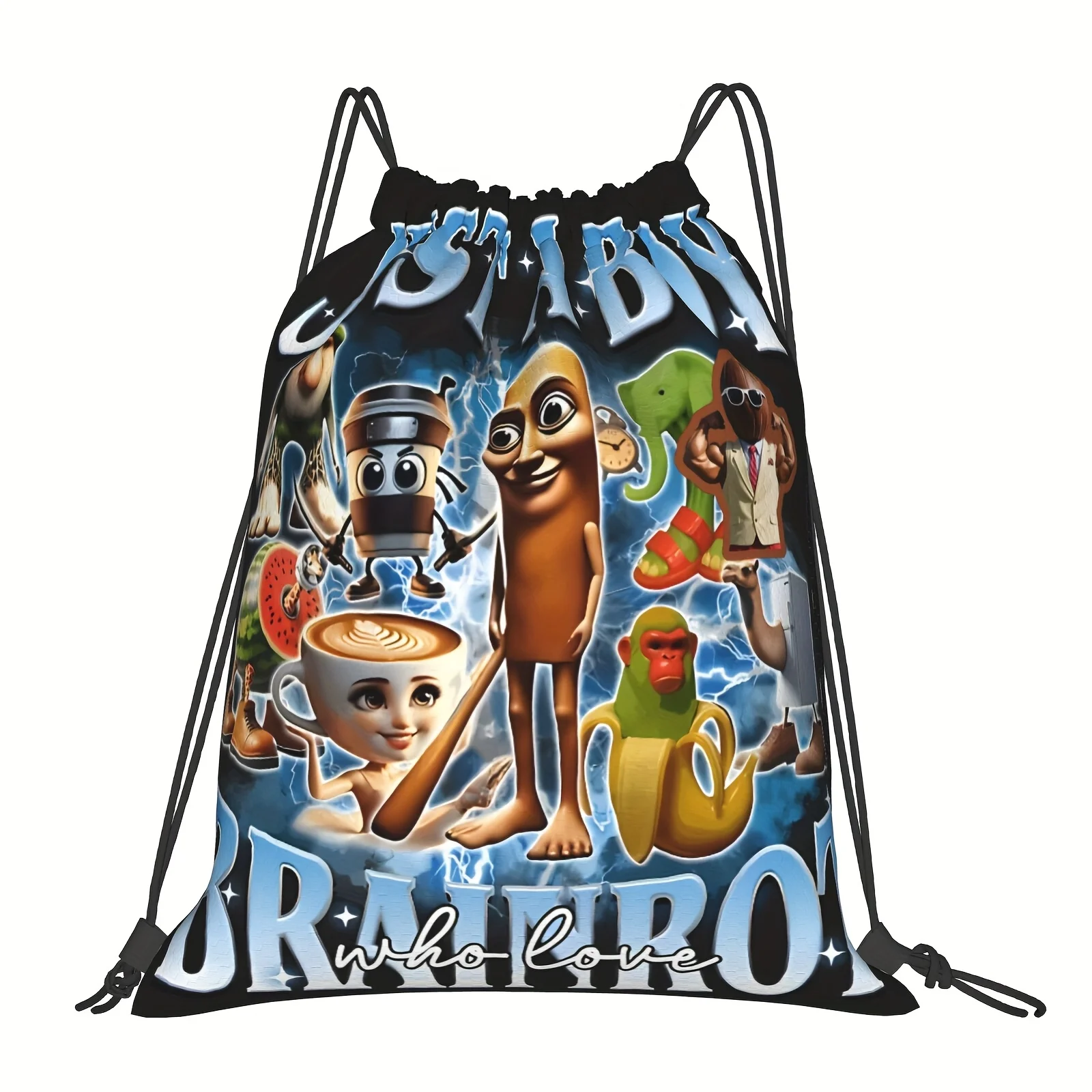1 bolsa con cordón y diseño de cara divertida | Lindo saco de gimnasio con dibujos de café y plátanos | Mochila Moderna de Estilo Urbano para Deportes y Uso Diario
