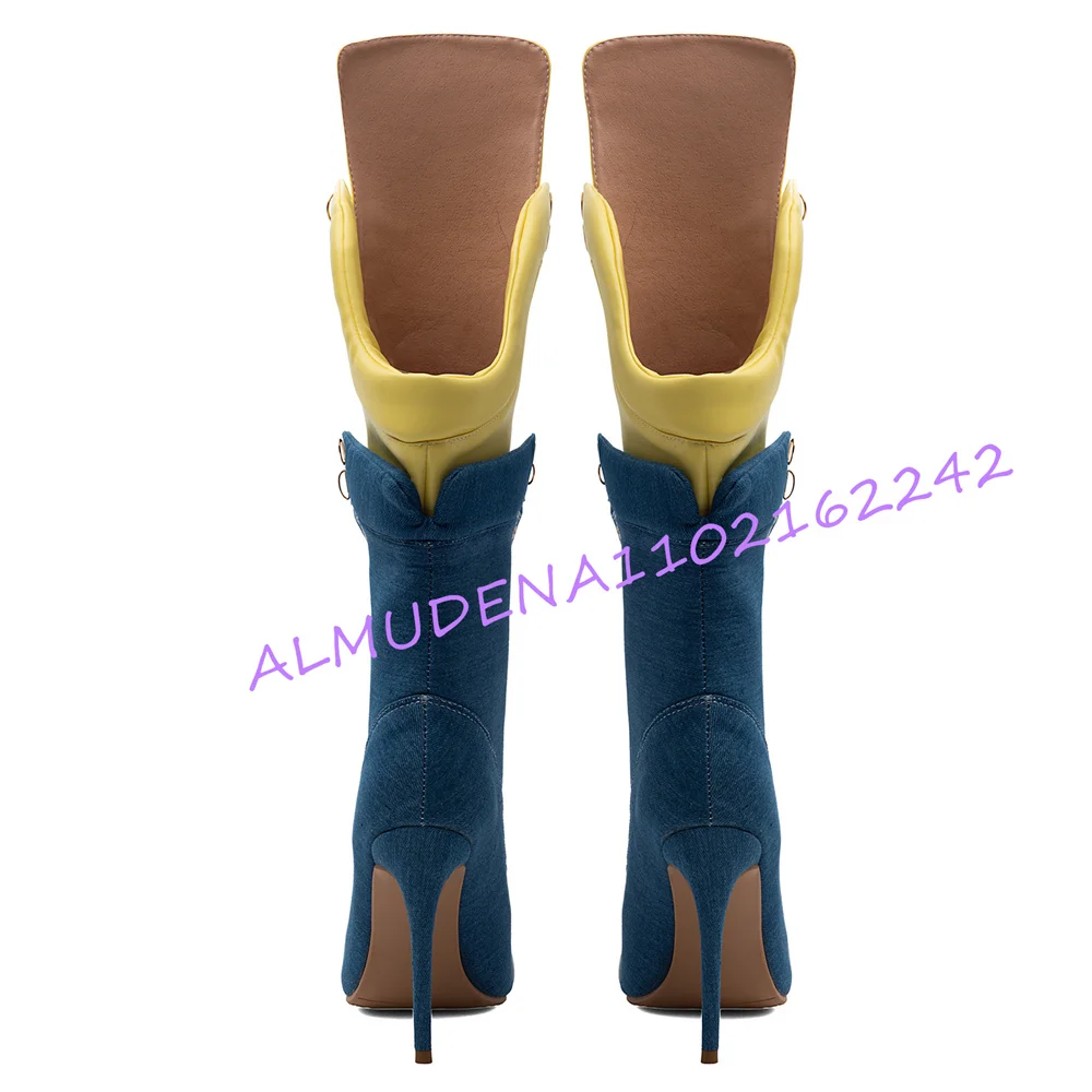 Women Denim Patchwork Knee High Boots Pointed Toe Lace Up Thin Stiletto Heel Fold Yellow Cuff Side Zipper Street Tall Booties view 4