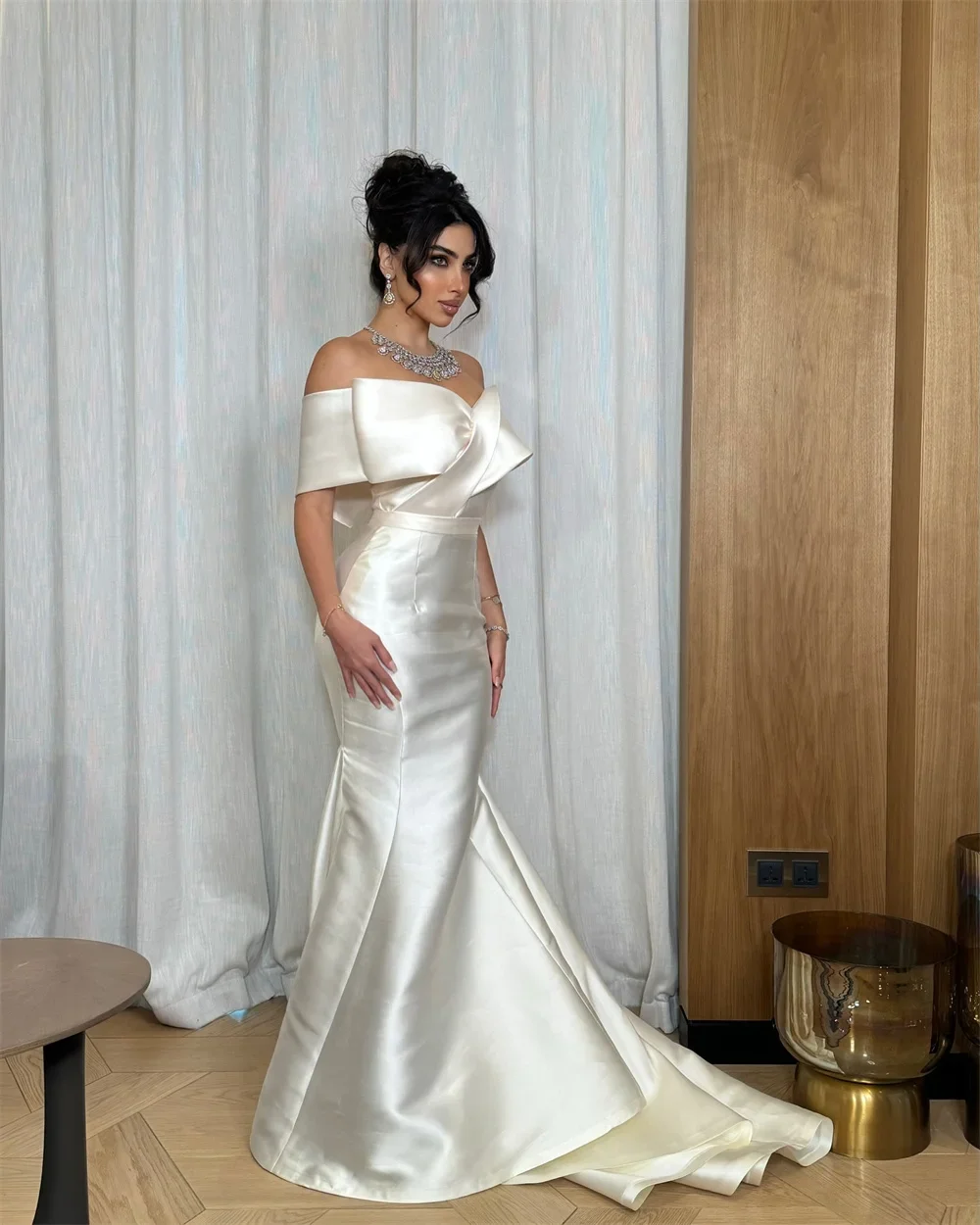 Gaun Formal Arab Saudi malam Prom, rok panjang lantai putri duyung Off-the-shoulder Dearin