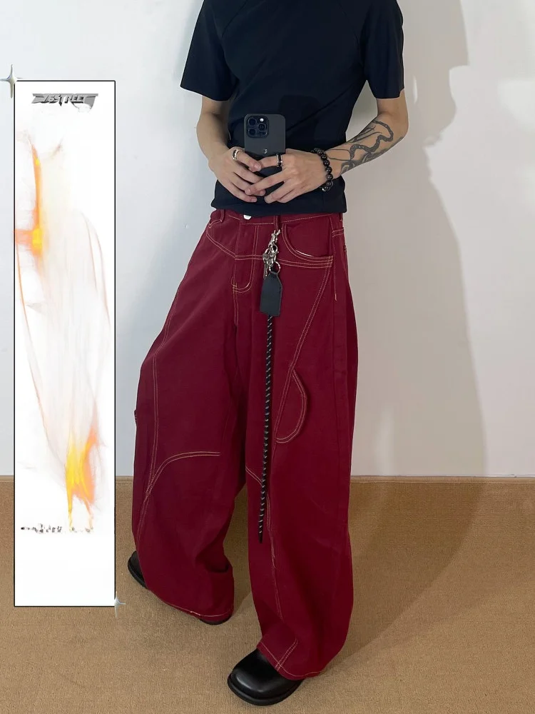 

American Retro Deconstructed Straight Leg Jeans Men's Casual Wide Leg Pants Multiple Pockets Knife Casual Jeans