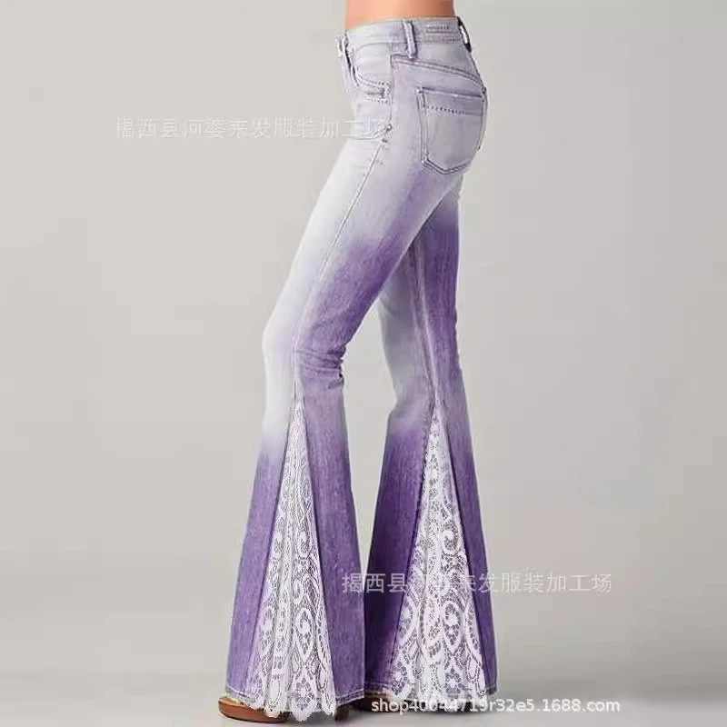 

Women Flared Bell Bottom Pants Denim-Like Texture Ombre Gradient Lace Trim Ruffle Hem High Waist Skinny Trousers Spring Summer