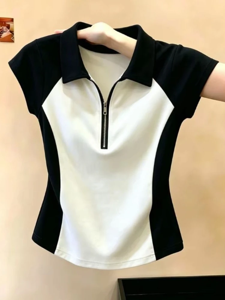 Contrast Color Tshirts Summer Shirt For Women Tunic Short Sleeve Tees 2026 Ropa Mujer Turndown Collar Half Zipper T-shirt Tops