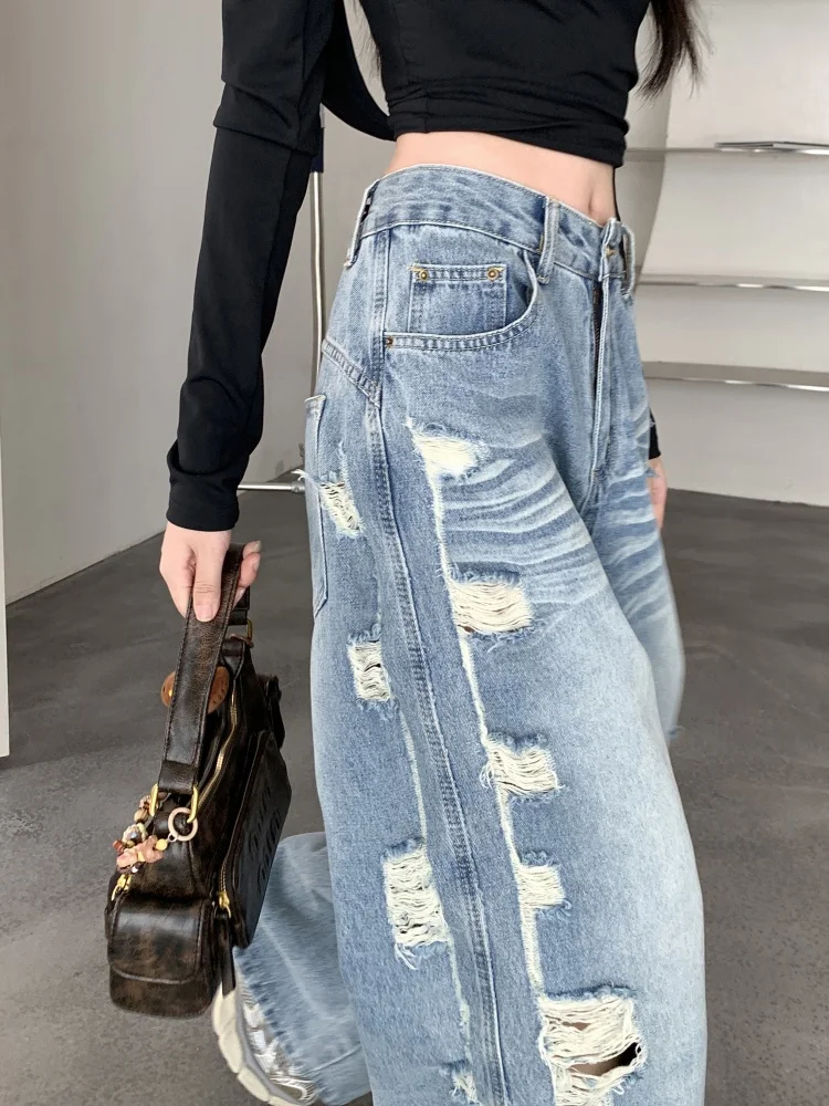 Loose Women's Jeans Denim Long Pants Washed Mid-Waist Micro-Elastic American Retro Hole Wide Leg Summer Trendy