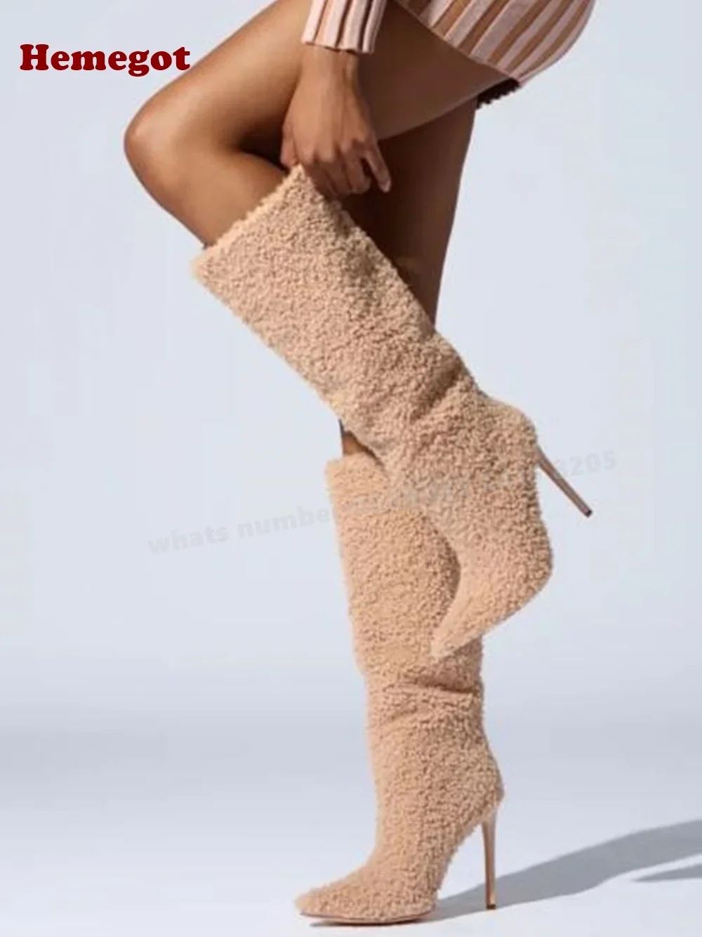 

Fuzzy Boots Beige Round Toe Stiletto Heels Women's Knee High Boots Plush Winter Warm Casual Shoes 2024 Newest Luxury Casual Shoe