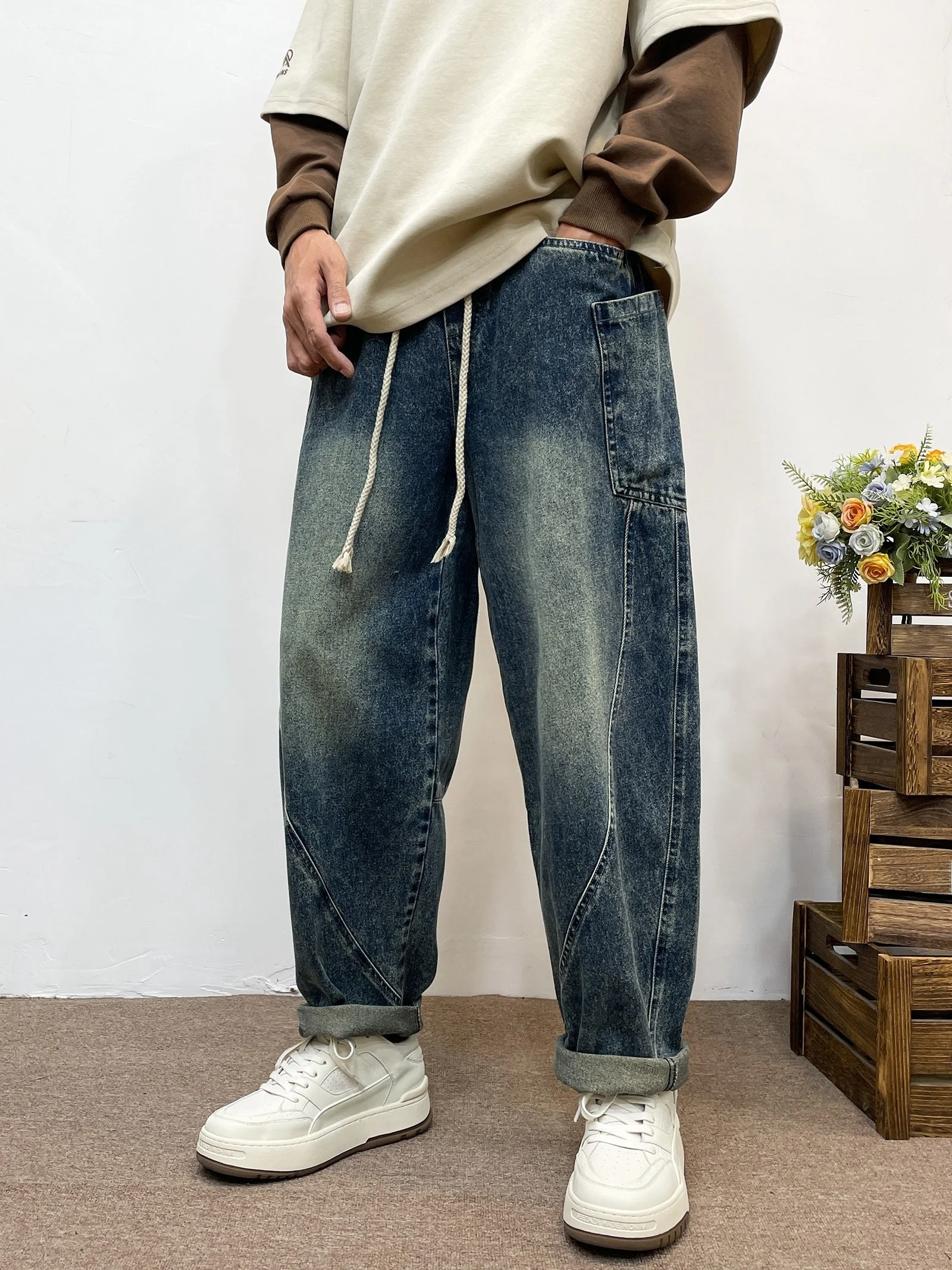 

Retro American Waed Men's Jeans Casual Loose Dad Pants Spring Autumn New Sle Watered-down Harlan Cool Knife Jeans