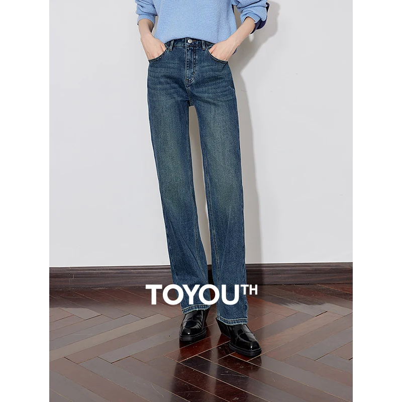 TOYOUTH Women Fleece Denim Jeans 2024 Winter New Retro Mid Waist Stright Slim Fit Thicking Warm Boot Pants