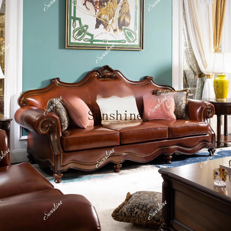 High-end custom villa furniture European retro classic all-solid wood leather sofa EA7  FT