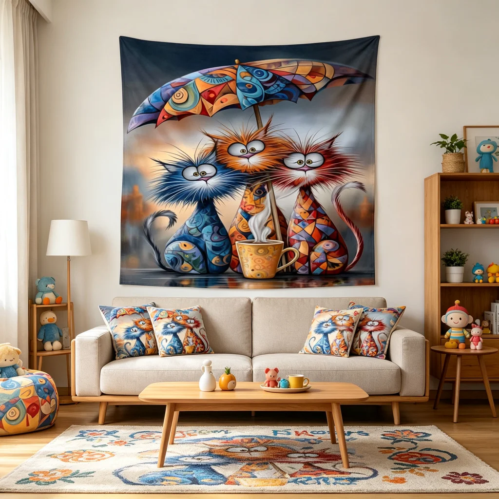 1PC Colorful Cat Umbrella Art Print Backdrop Banner, Bedroom Living Room Photo Background, Polyester, Home Decor, Wall Art