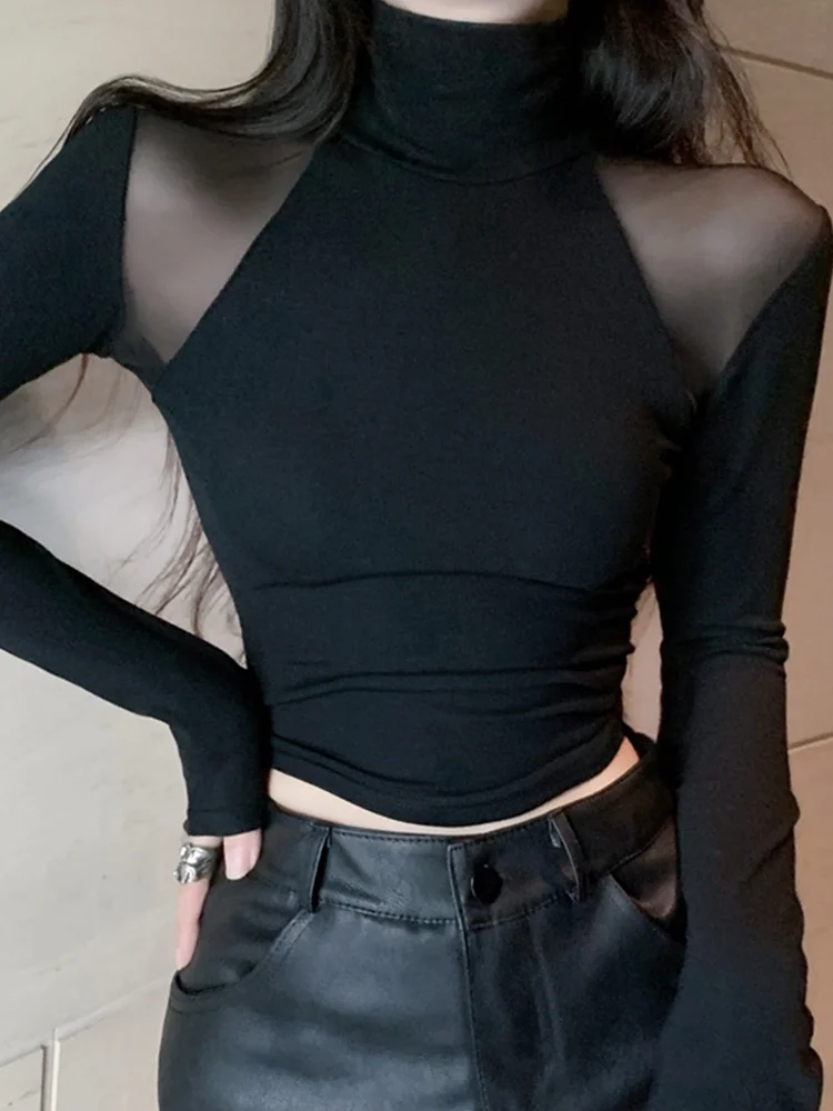 

Укороченные черные футболки женские сексуальные сетчатые лоскутные водолазки узкие универсальные повседневные базовые повседневные топы нежные простые Ulzzang корейские