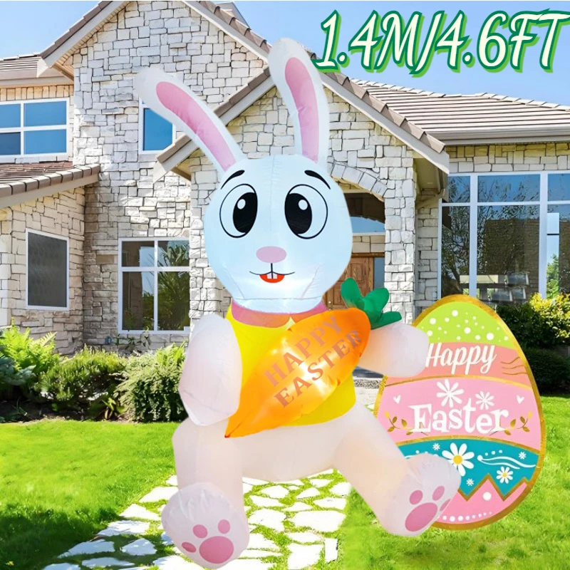 

1.4M/4.6FT Happy Easter Inflatable Toys Sitting Bunny Carry A Carrot Decorations with LEDs Model Outdoor Decor Garden Ornaments