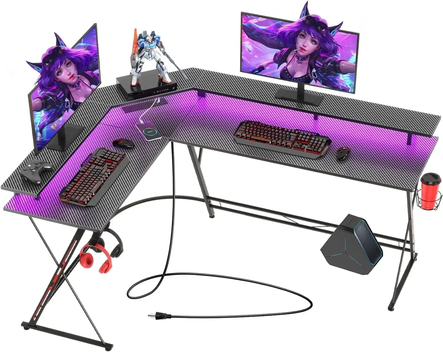 

L Shaped Gaming Desk with LED Lights & Power Outlets with Monitor Stand & Carbon Fiber Surface Corner Desk with Cup Holder