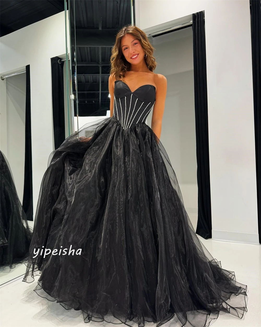 Jiayigong   Evening  Sexy Casual  Tulle Beading Ruched Beach A-line V-neck Bespoke Occasion Gown Long Dresses