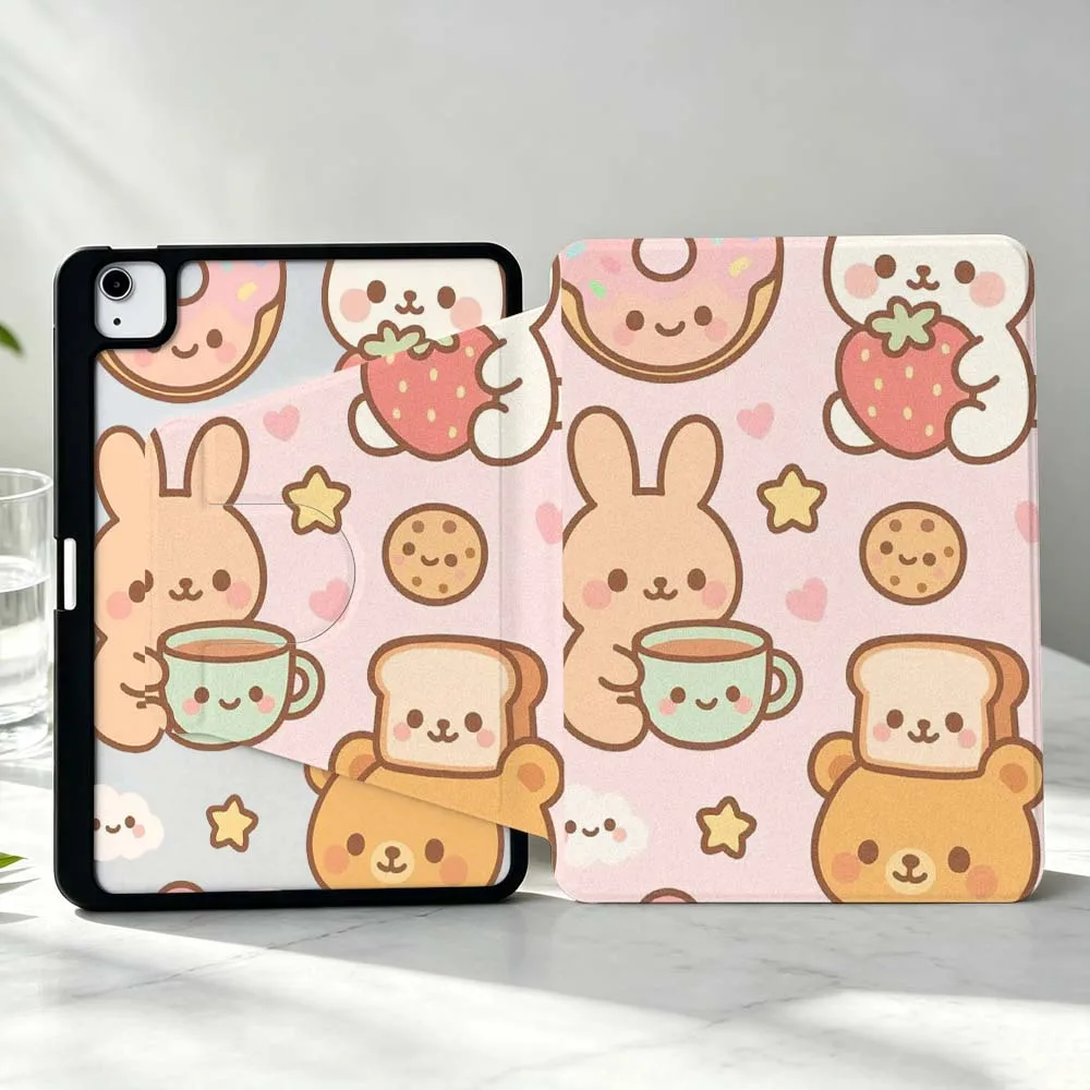 Cute Bunny Bear Pattern Soft For iPad Pro Air mini 6 5 4 12th M5 M4 M3 M2 A16 A17Pro 360° Rotation Stylus Storage Tablet Case