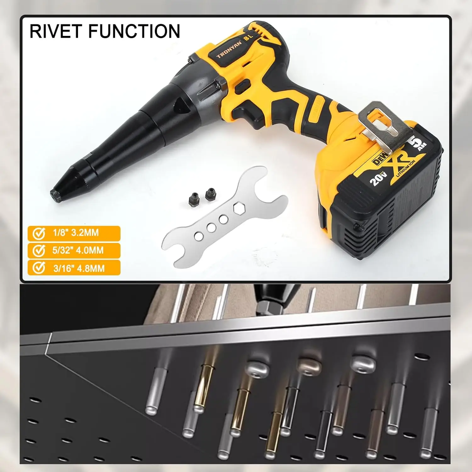 Pistola per rivetti senza spazzole senza fili per rivetti da 1/8", 5/32", 3/16", compatibile con batteria Dewalt 20V MAX (strumento nudo)