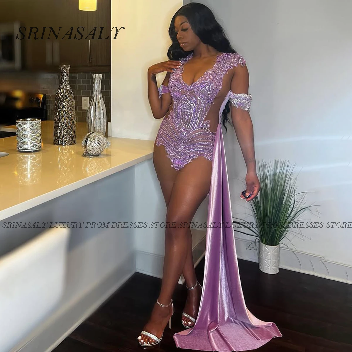 

Glitter Mini Cocktail Dress Crystal Short Prom Dresses For Black Girl Wedding Party Gowns Customized Sleeveless robe d'été femme