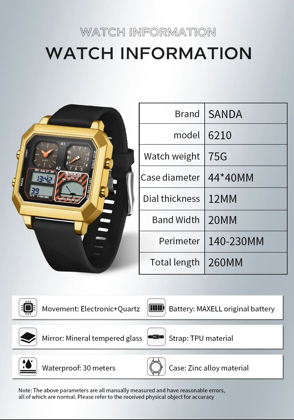 SANDA جديد SD6210 ساعة رجالية عصرية مقياس درجة الحرارة الذكي مقياس درجة الحرارة ساعة إلكترونية