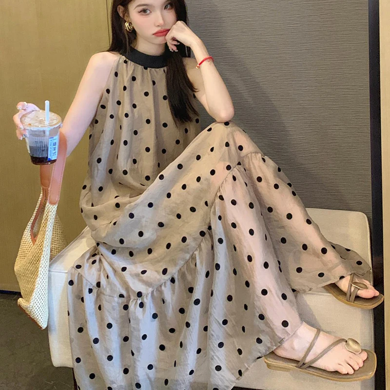 2024 Women's Summer Boho Long Dress Elegant O-Neck Party Dresses Vintage Polka dot Sleeveless Sexy Loose Ruffle Beach Dress Y2K