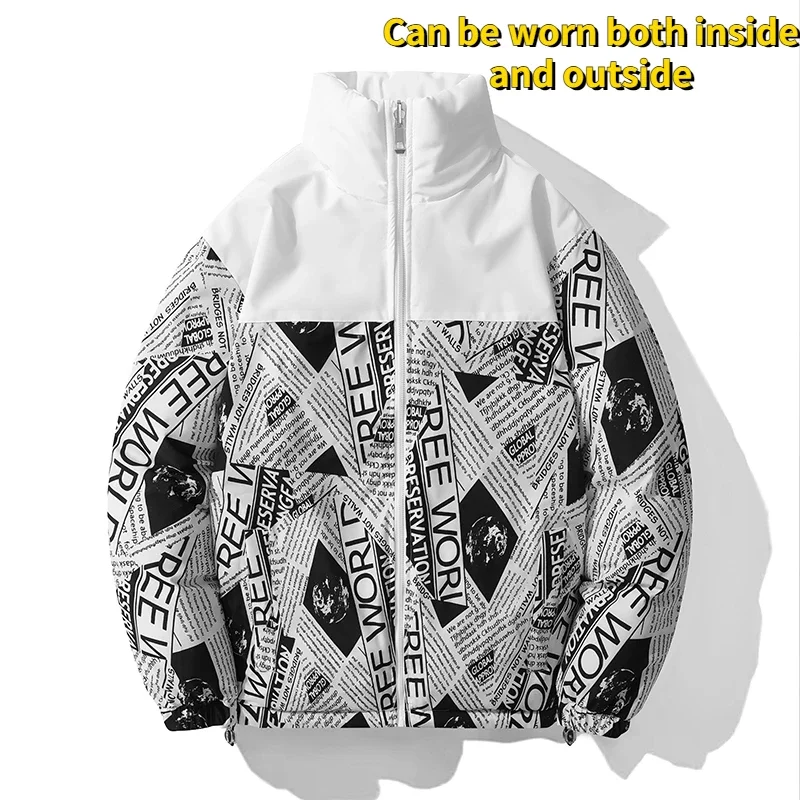 2-Gesichts-Jacke Herren Winter neues Hip-Hop-Alphabet Spleißen dicken warmen Baumwolle gepolsterten Mantel lässig Ski hohen Kragen wind dichten Parka