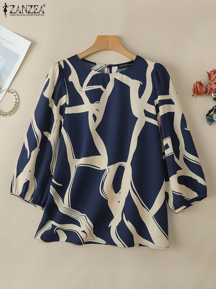 

ZANZEA Casual Women's Blusas Mujer Everyday 2025 Summer Commute O-Neck Tops 3/4 Puff Sleeve Fashion Printing Elegant Blouses