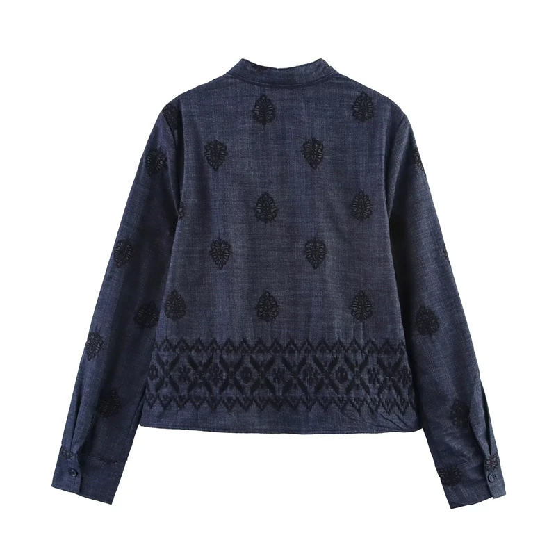 KEYANKETIAN Spring/Autumn New Retro style Tassel Lace Up Stand collar Embroidery Denim Shirt Women's Loose Pullover Blouses Top