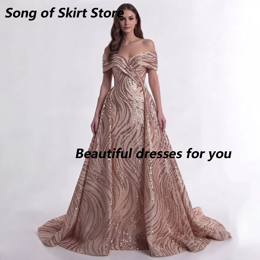 Customized Rose Gold Off The Shoulder Mother Of The Bride Gown Wrap Wave Sequin Ballgown Formal Wedding Evening Dress With Train