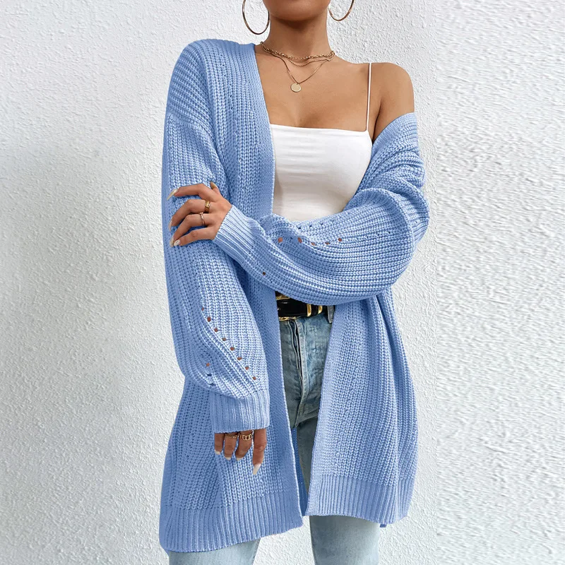 New Autumn And Winter Fashion Women\'s Long Sleeved Mid Length Sweater Jacket Knitted Cardigan V-neck Gray Knitted Cozy Sweater