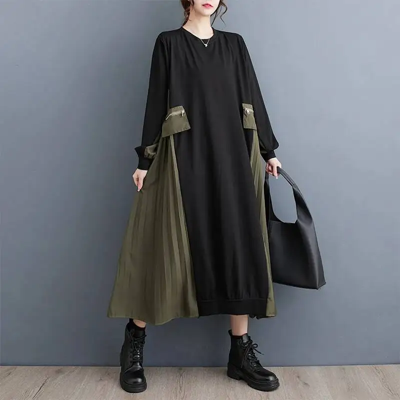 # 4007 Herbst Farblich Abgesetztes Unregelmäßiges Plissiertes Sweatshirt-Kleid Damen Langarm Locker Sitzendes Büro A-Linien Midikleid Rundhals