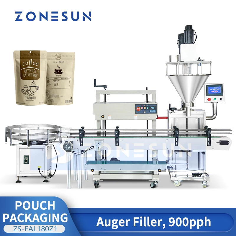 Machine d'emballage de sachets verticaux ZONESUN ZS-FAL180Z1 avec remplisseur à vis sans fin pour poudre, scelleuse à bande continue et accumulateur
