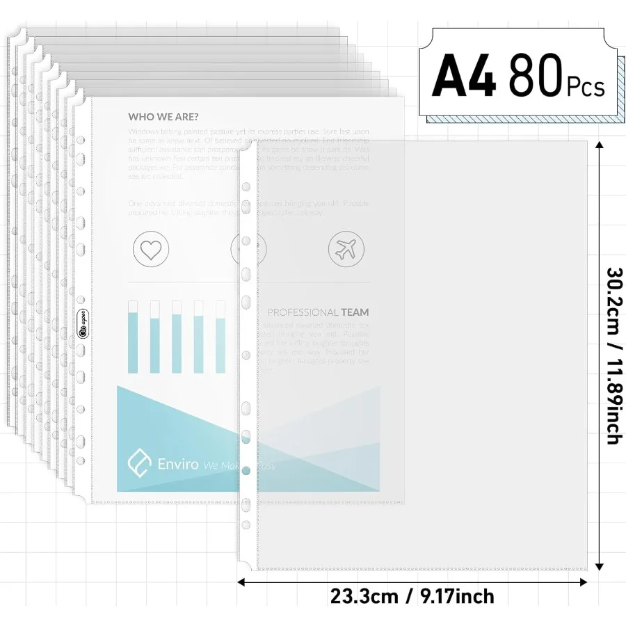 Transparente A4-Blattschutzfolien, 11,89 x 9,17 Zoll, 80 Puhed-Tasche mit klebrigen Laschen, 120 Mikron, robuste Binderhülsen, 11-Loch-Kunststoff-Pa