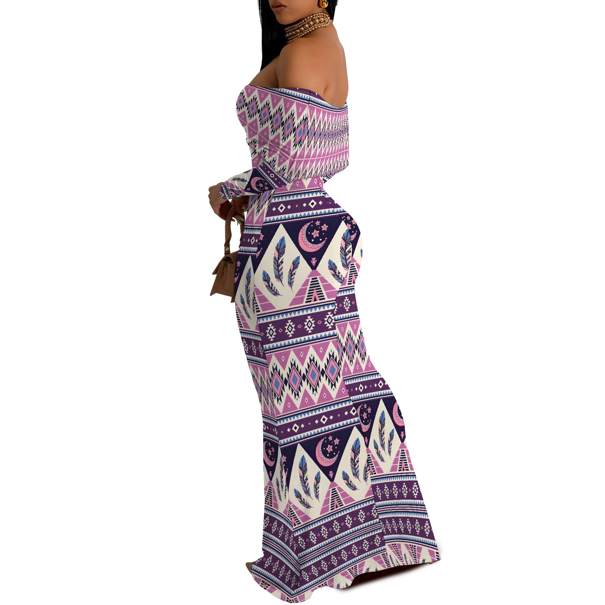 Elegant Blue Floral Print Maxi Dress V Neck 3/4 Sleeve Long Dress for Spring Outing