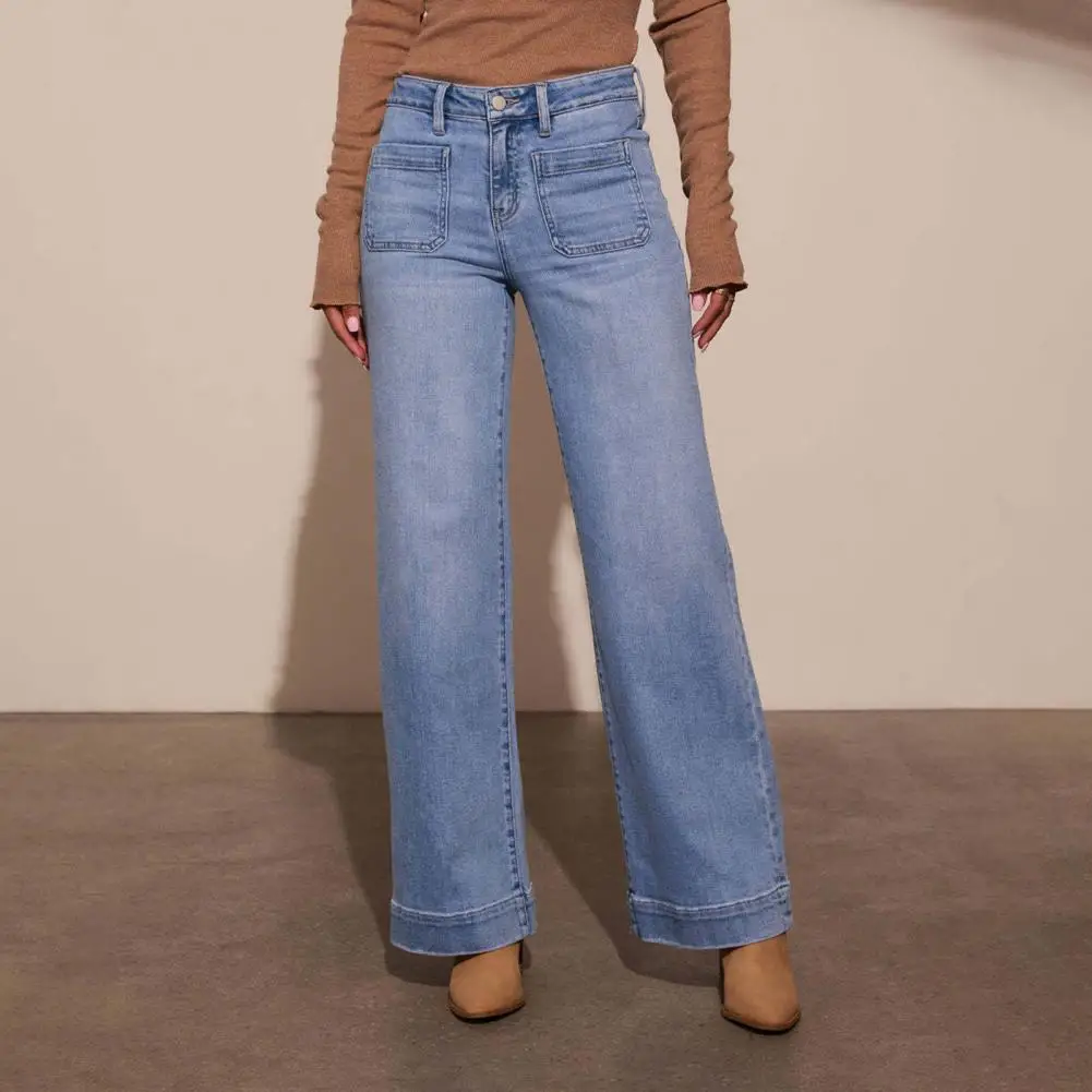 جينز مستقيم للنساء مع جيوب متعددة عالية الخصر زر سستة إغلاق السراويل بلون خمر نمط سراويل جينز للاستخدام اليومي