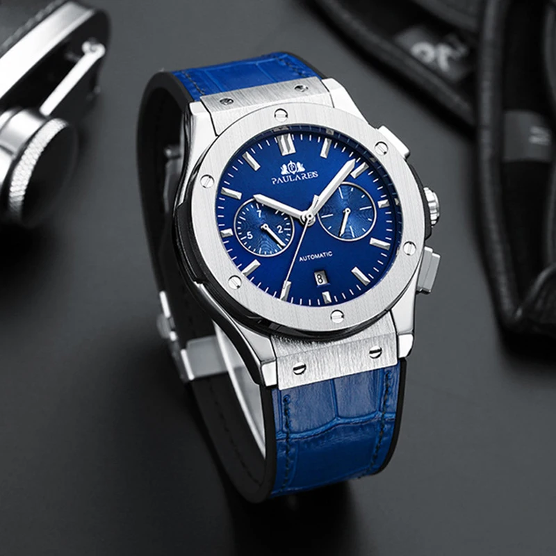 PAULAREIS P العلامة التجارية الجديدة ساعة رجالي ريترو موضة ساعة ميكانيكية الرجال الفاخرة حزام من الجلد مقاوم للماء تاريخ ساعة أوتوماتيكية الذكور