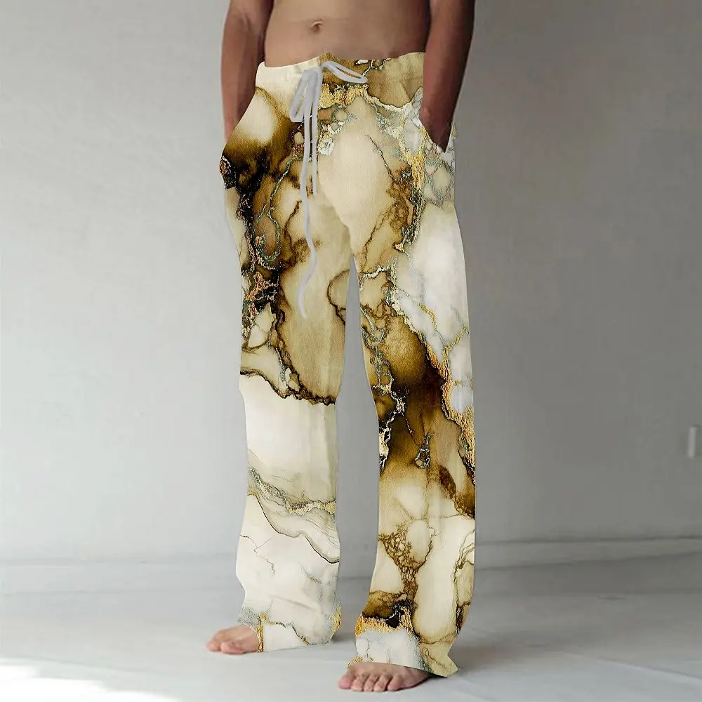 Herbst 2026 Herrenhose mit Marmor-Abstraktmuster, mittelhoher Bund, elastischer Bund mit Kordelzug, lässige Outdoor-Hose mit weitem Bein für Herren – Detail 3