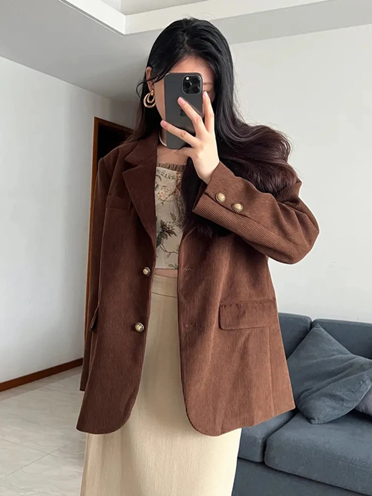 

Vintage Casual Corduroy Blazer Women Long Sleeve Elegant Fall Winter Coat Korean Retro Sweet Female Coffee Outwear Jacket