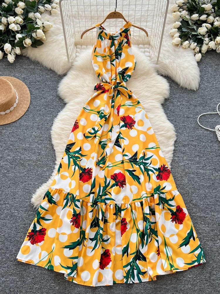 Boho-Damen-Sommerkleid mit Neckholder, Blumendruck, Bandage, Maxi-langes Kleid, lässig, Rüschen, Vestidos, schick, 2025, elegantes Strand-Urlaubskleid