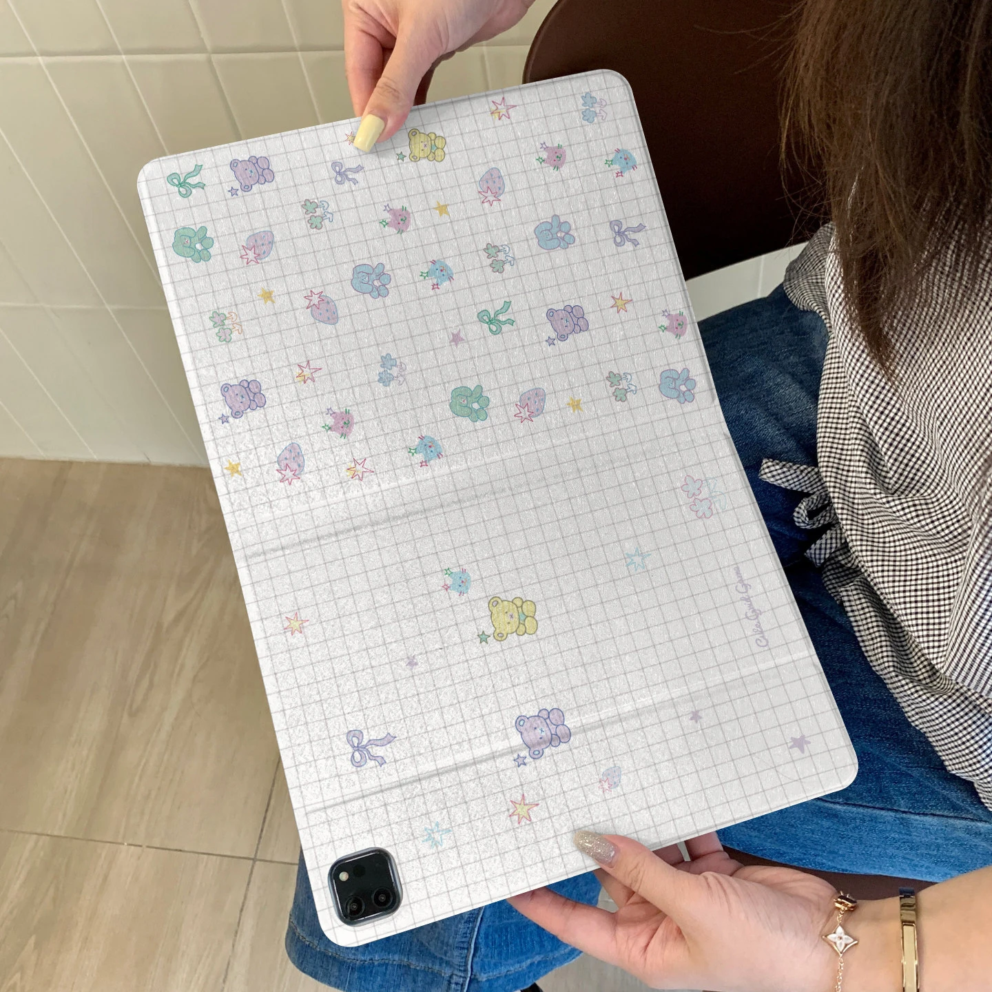 Ins Line Grid Animal Doll All Inclusive Shell For iPad Pro 13 11th M5 M4 12.9 A16 10 8 7 9th 10th Air 11 M2 M3 Mini Tablet Cover