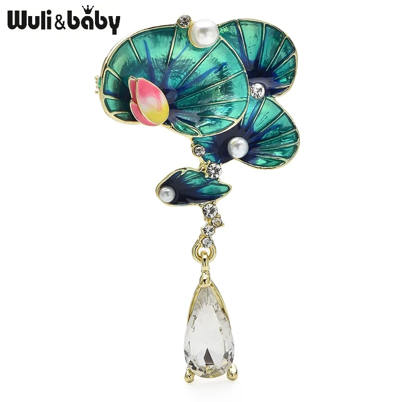 

Wuli&baby Beautiful Lotus Brooches For Women Waterdrop Enamel Flowers Leaves Party Office Brooch Pins Gifts