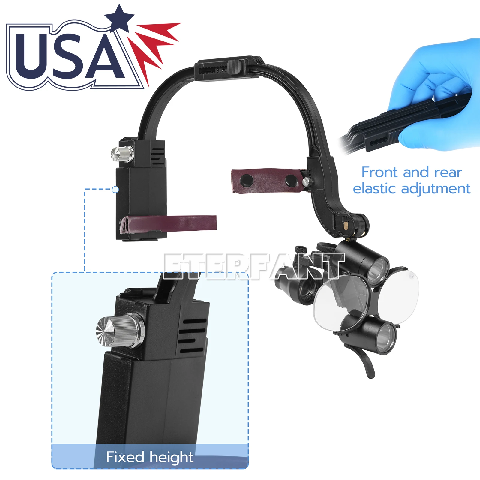 ETERFANT 3,5 x 420 mm Dental-Chirurgie-Stirnband-Fernglaslupen mit 5 W LED-Scheinwerfer, 2 LEDs, Schwarz