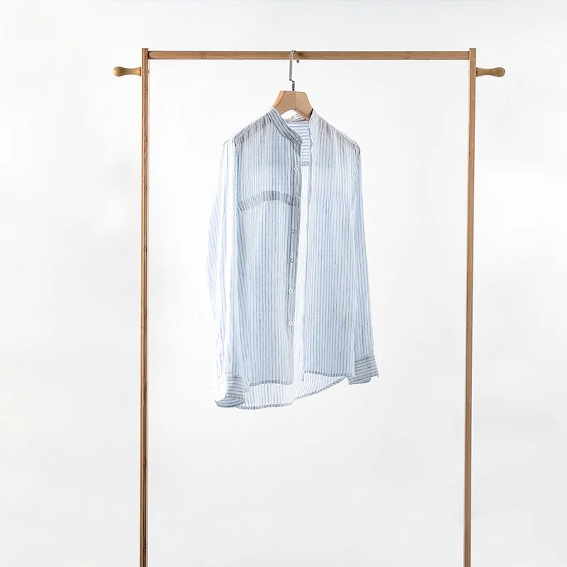 

Spring New Men's Linen Shirt Casual Stand Collar Long Sleeve Thickened Autumn Wear Resistant Stripes PU Leather