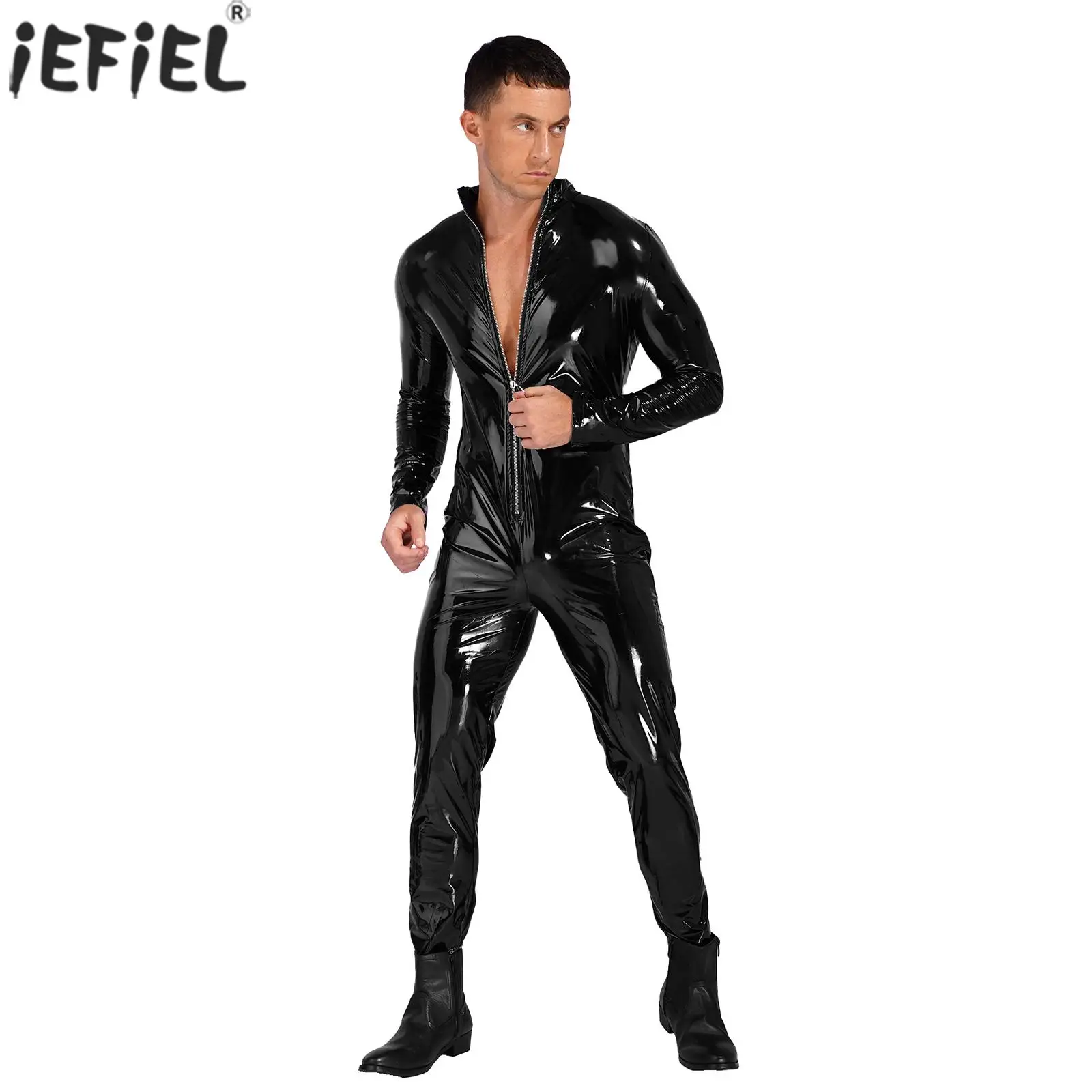 

Men Latex Leotard Bodysuit Shiny Wetlook Patent Leather Lingerie One Piece Long Sleeve Streetwear Stand Collar Jumpsuit Clubwear