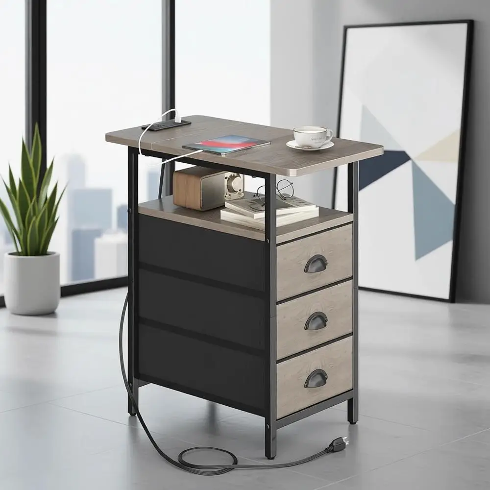 

Charging Station End Table, USB & Outlet Side Tables for Living Room, Compact Nightstands with Drawers, Slim Sofa Table in Grey