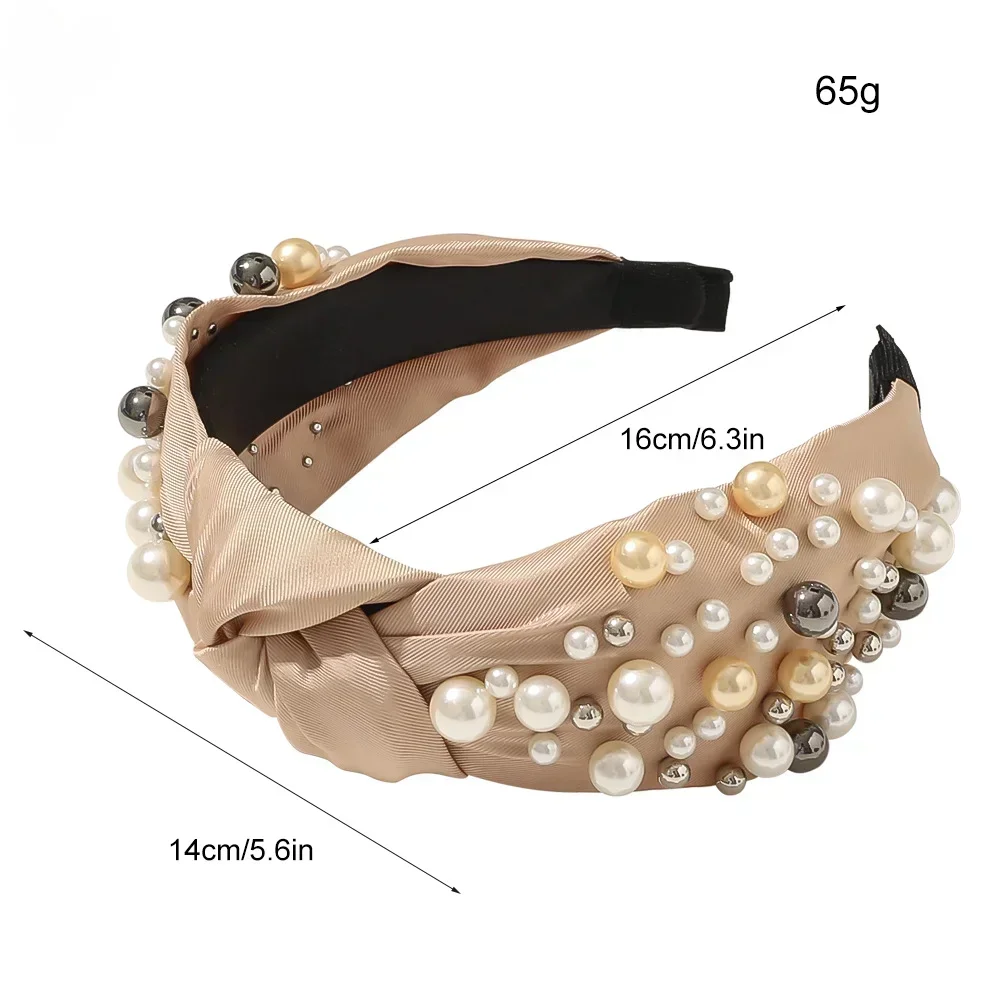 14cm Pearl Inlaid Fabric Knotted Headband Fashionable Women\'s Wide-Brim PU Headband Festival Party Girls Hair Accessory Gift