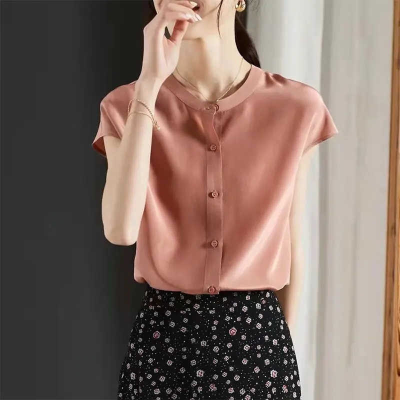 2023 Summer Commute Round Neck Blouse Fashion Single-breasted Women\'s Clothing Solid Color All-match Casual Short Sleeve Shirt