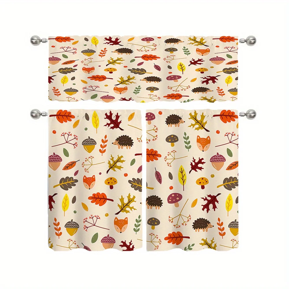  Thanksgiving Hand Drawn Fox Leaves Curtain, Cute Cartoon Fall Animal Window Treatment Set for Kids Room Kitchen Decor