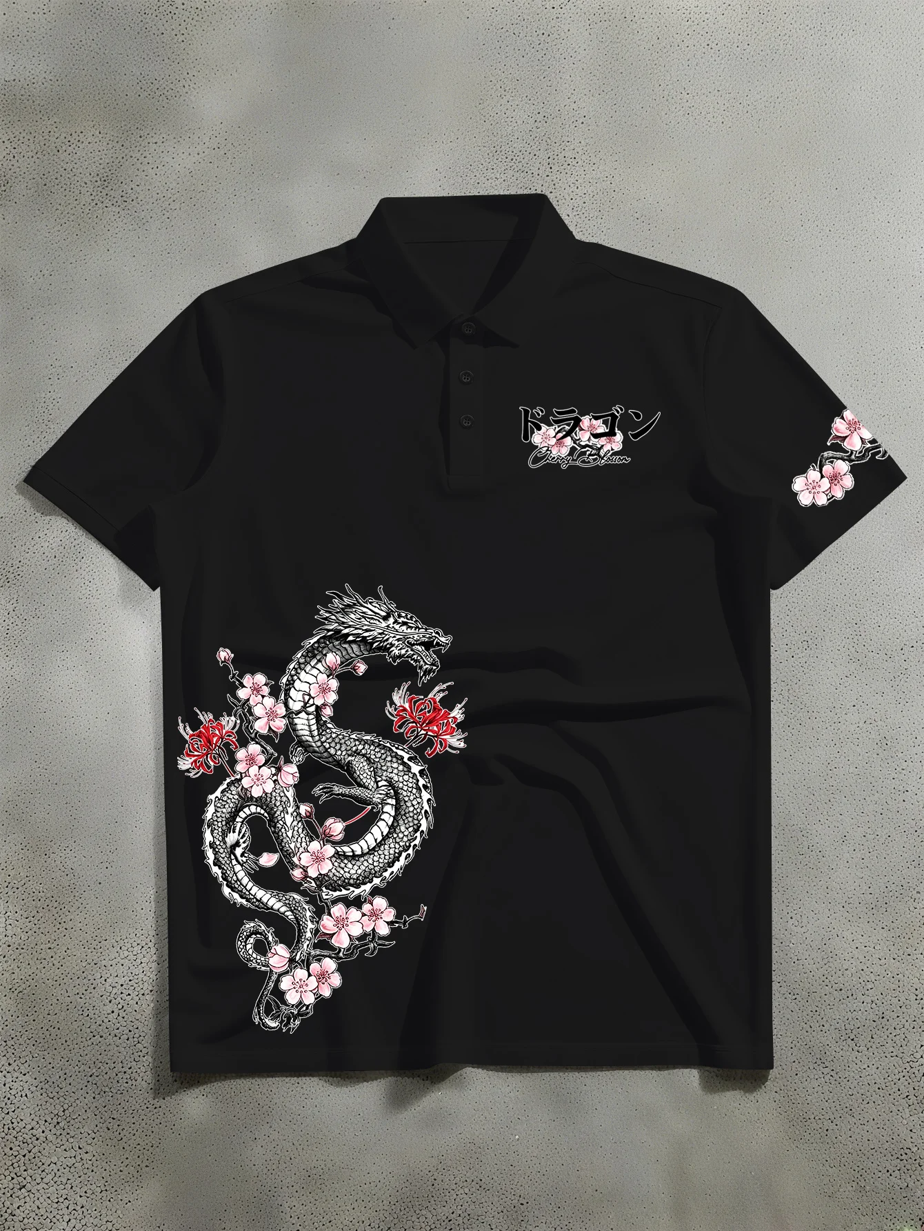 New Unisex Short Sleeved Polo Shirt with American Ink Wash Dragon Plum Blossom Print Polo Shirt